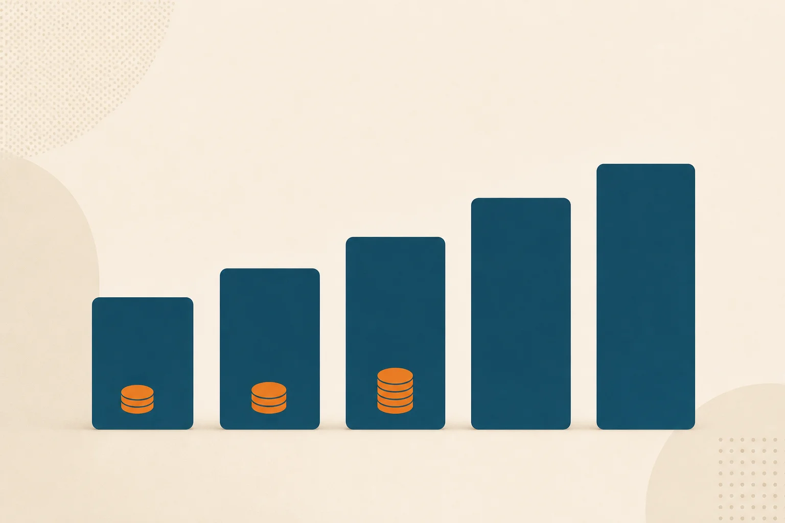 A row of telehealth platform card silhouettes scaled by height to suggest ascending price tiers, with small coin-stack glyphs beneath the shorter cards in warm-orange.