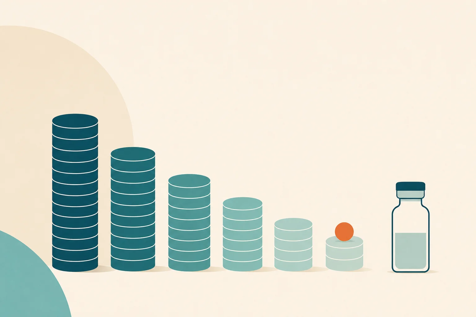 A row of coin-stack silhouettes in graduated teal tones descending from tall on the left to short on the right, the shortest stack topped with a warm-orange dot, beside a slim medication vial outline.