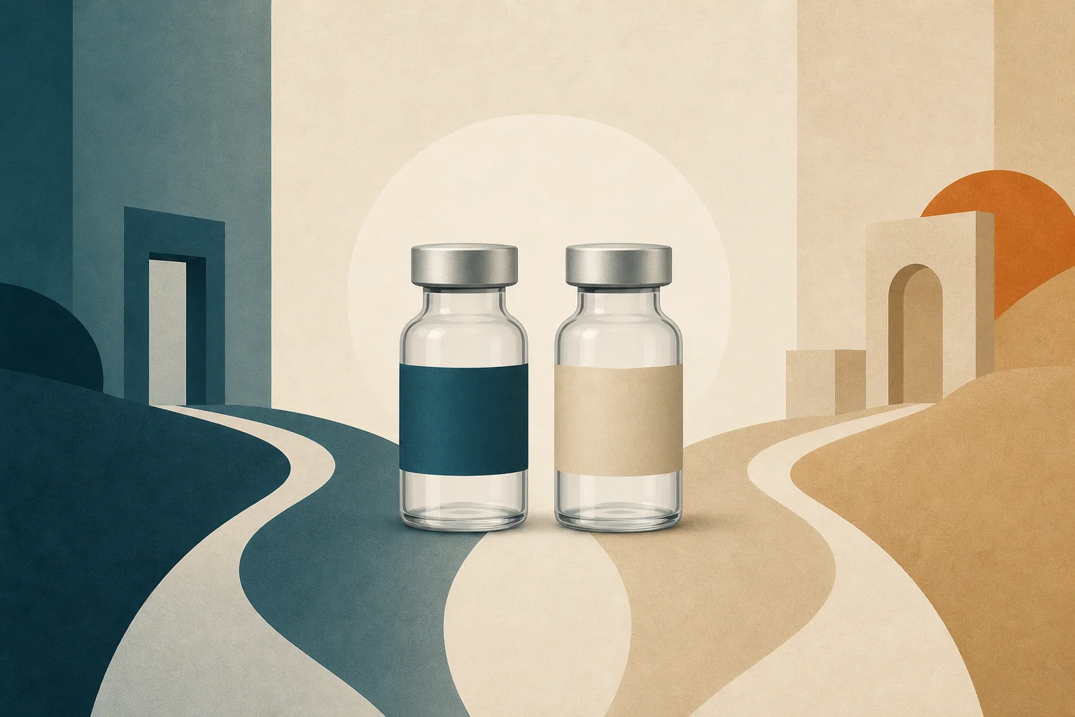 Two abstract pharmaceutical vials side by side with different label treatments
