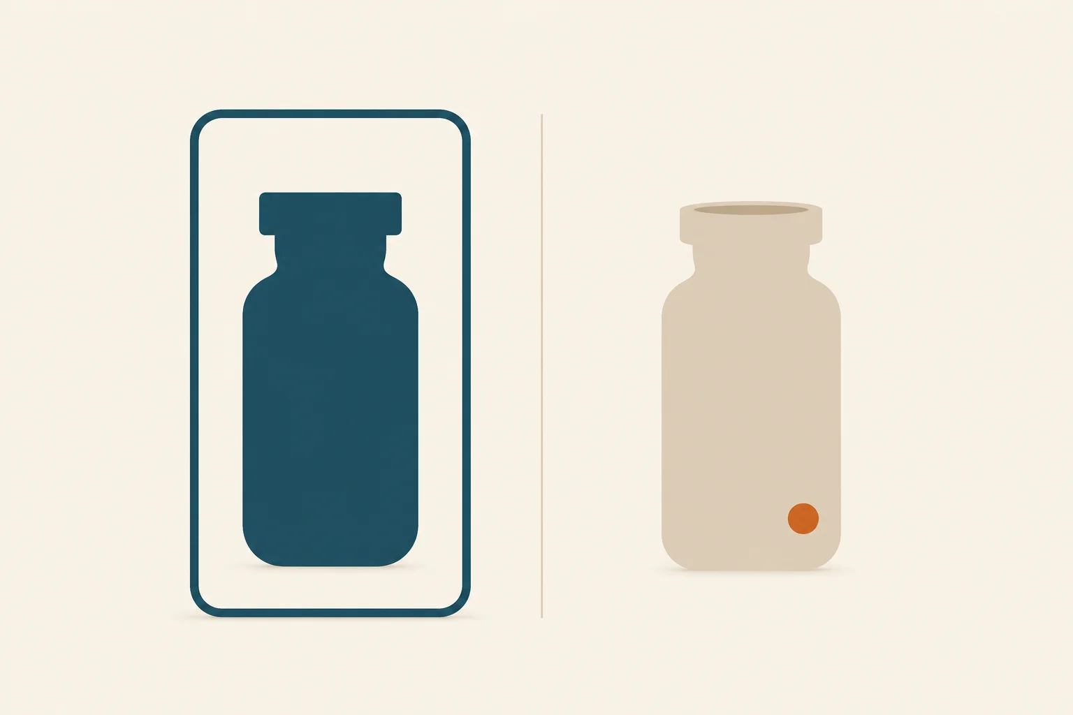 Two identical abstract vial silhouettes side by side, the deep-teal branded vial sealed inside a clean protective frame, the warm-sand compounded vial standing open without a frame and tagged with a small orange dot, separated by a vertical channel of negative space