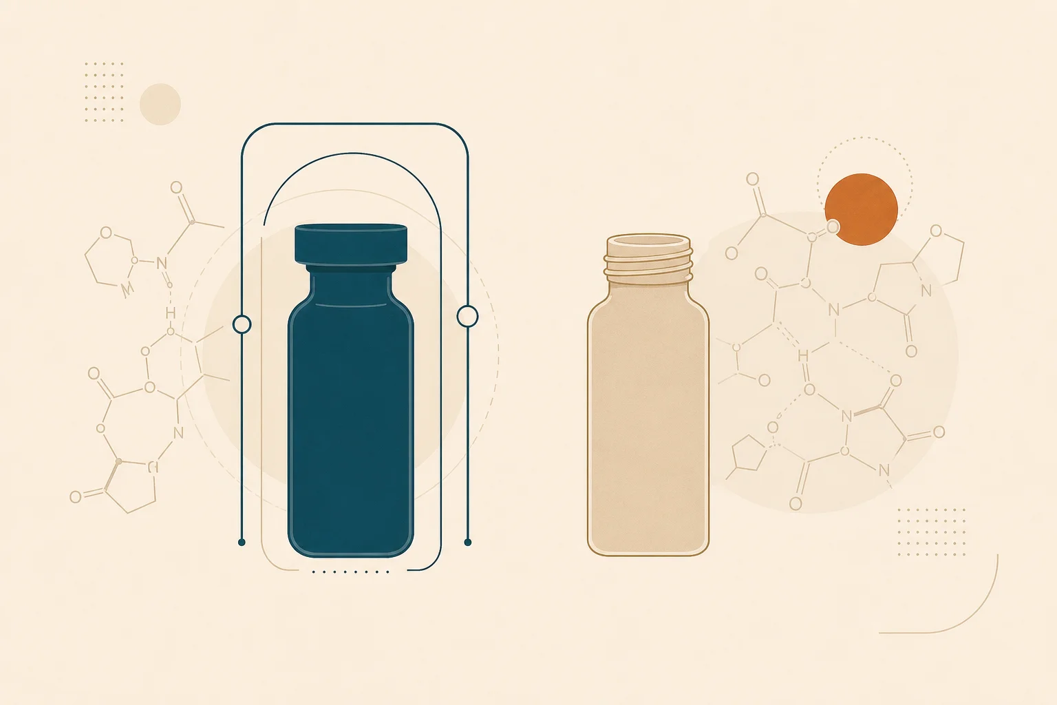 Two identical abstract vial silhouettes side by side over faint dual-bond molecular line art suggesting a complex peptide, the deep-teal branded vial enclosed in a protective frame, the warm-sand compounded vial open with a single orange accent, divided by a channel of negative space