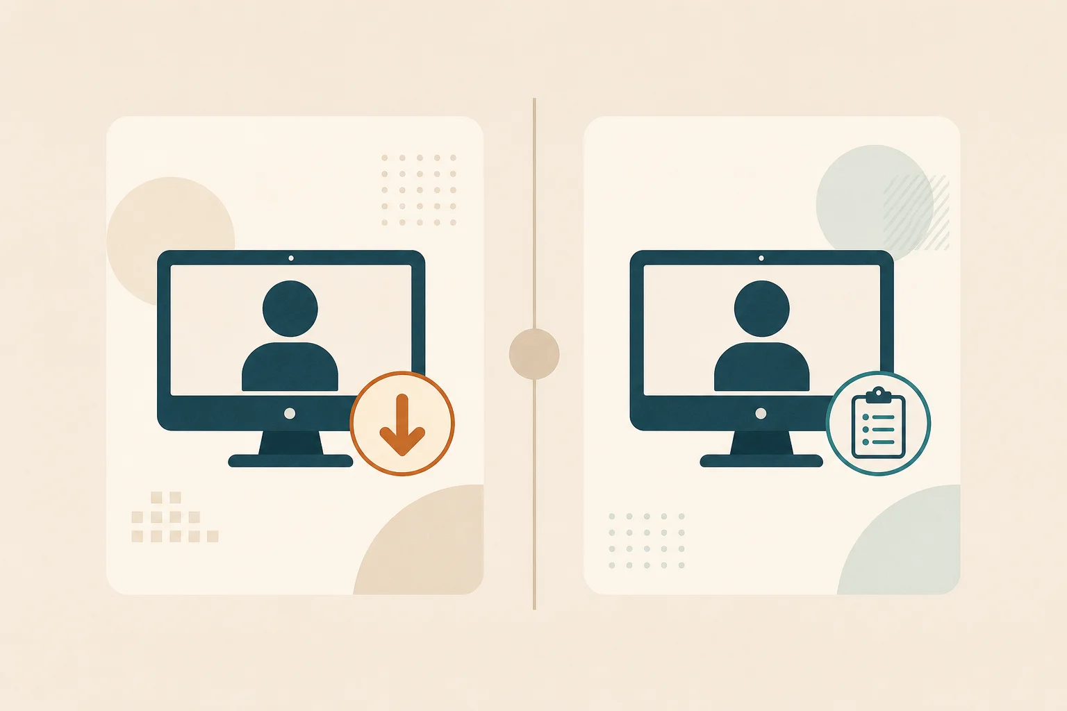 Two telehealth platform card silhouettes side by side, the left bearing a small downward price-arrow glyph in warm-orange, the right bearing a small clipboard protocol glyph in teal, separated by a thin vertical versus divider on a warm-sand background.