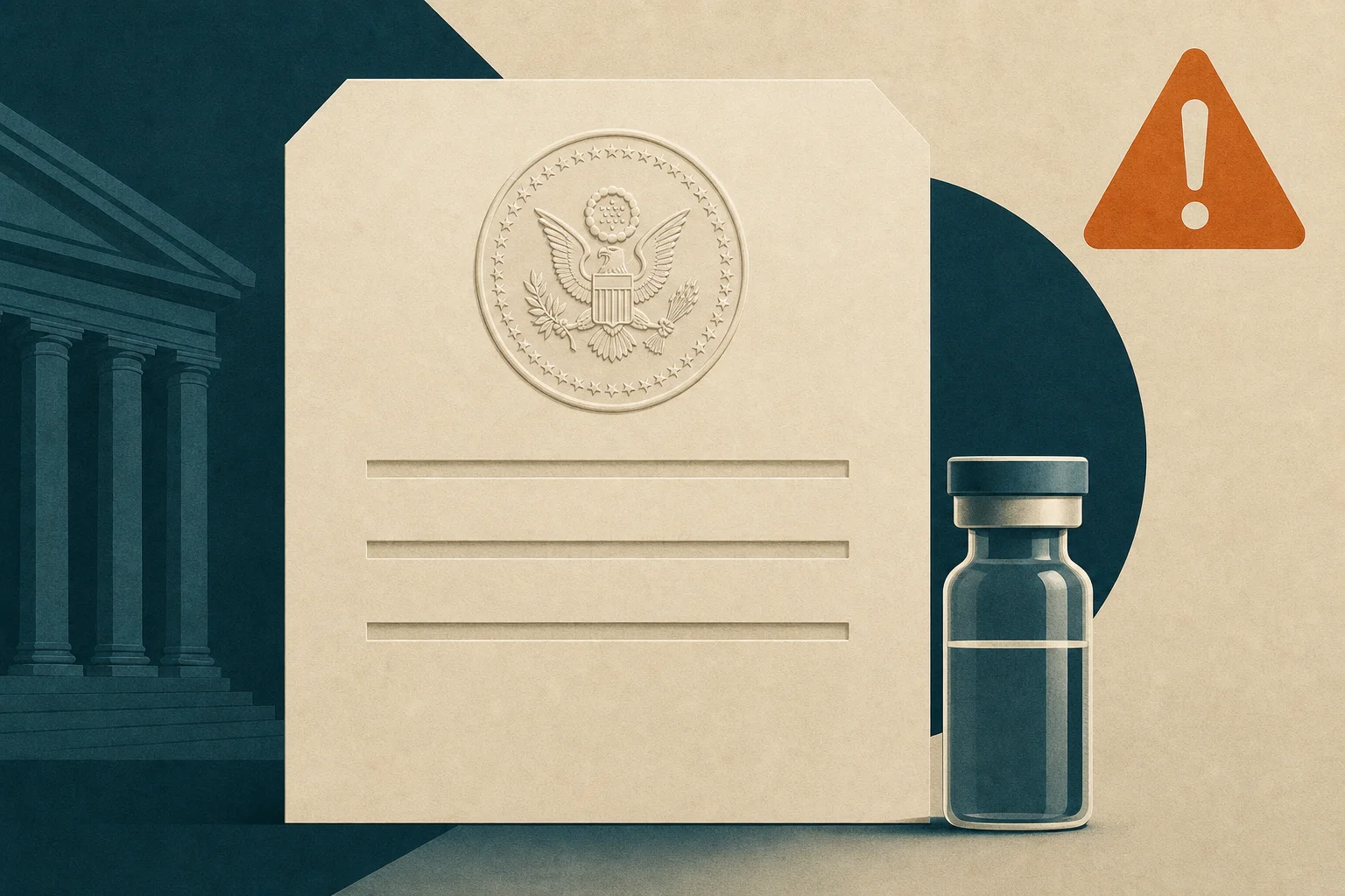 An editorial illustration of an official FDA-style warning document with a pharmaceutical vial and a caution symbol on a neutral background