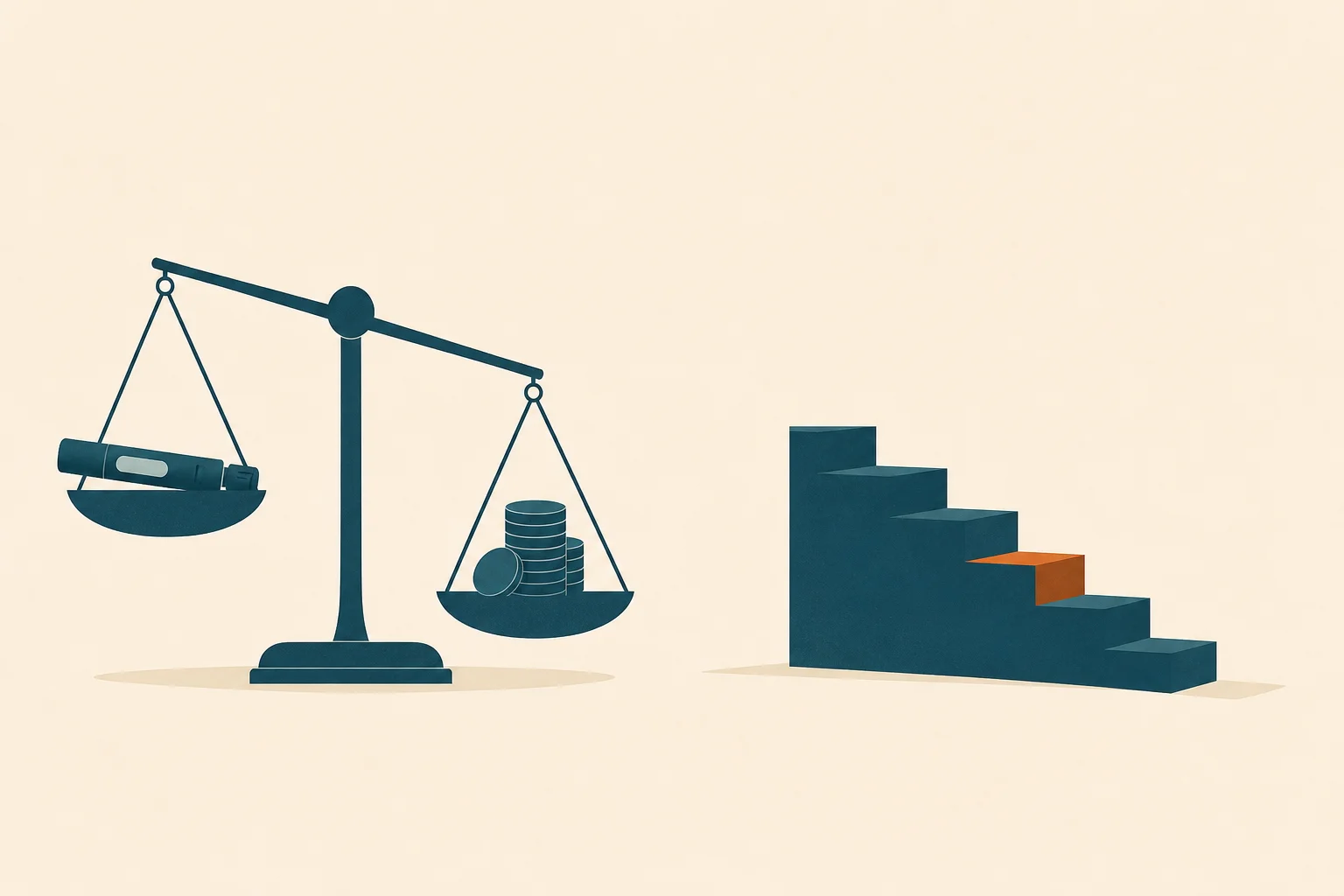 A balance scale weighing a small auto-injector pen against a stack of coins, set in open space, with a quiet downward-stepped path beside it suggesting a deliberate, managed wind-down rather than an abrupt drop.