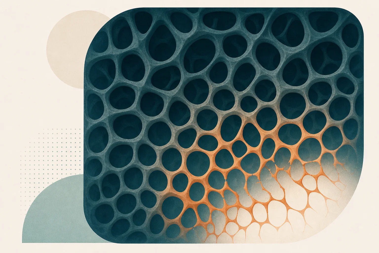 A teal honeycomb bone-lattice with one region thinning, accented orange, illustrating bone-density loss during rapid weight loss.