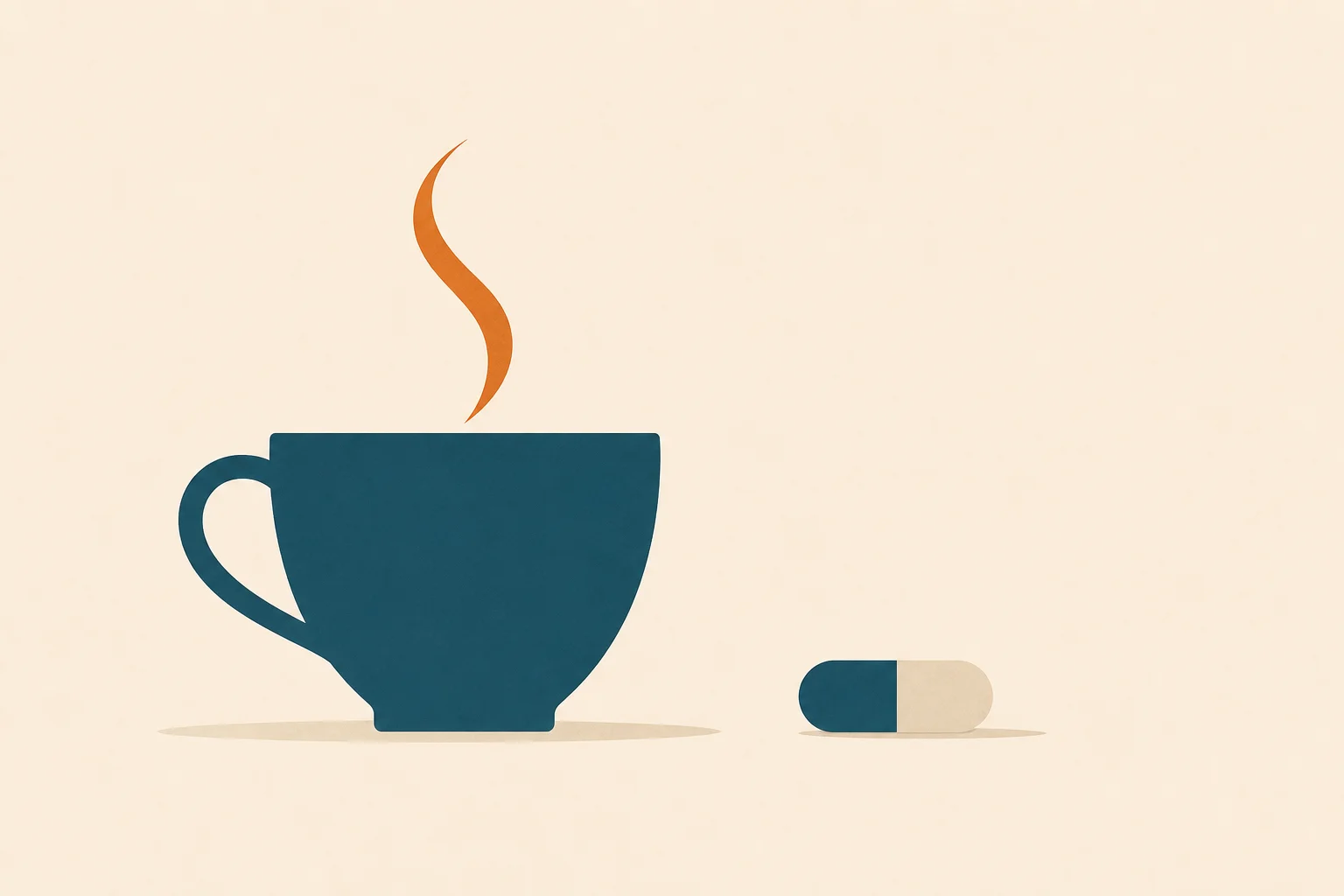 A teal coffee-cup silhouette with a curl of steam, beside a small abstract pill-pen capsule shape, on a warm-sand field with generous negative space.