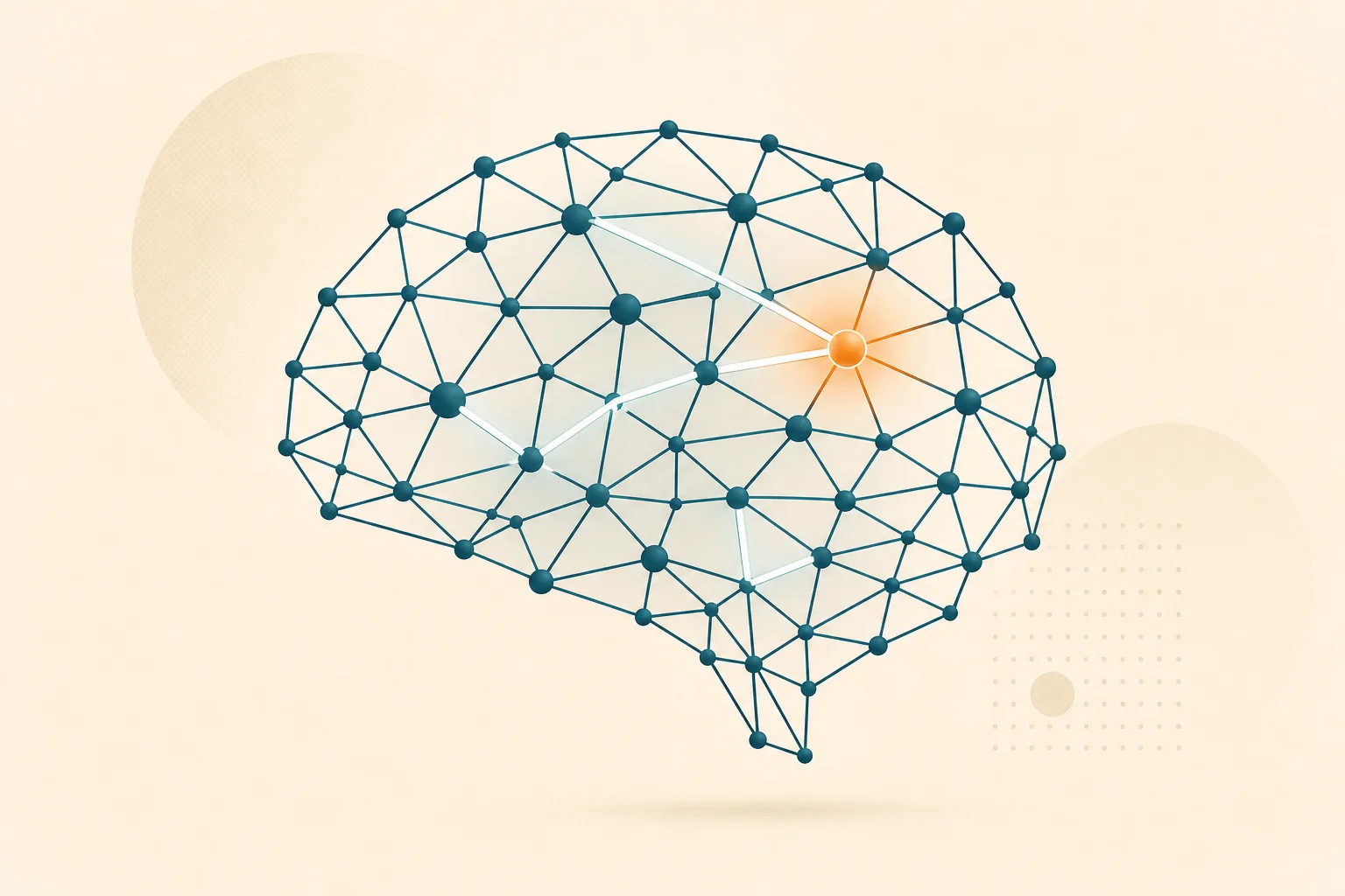 A teal node-network brain with one orange node, illustrating emerging brain-health evidence for GLP-1 drugs.