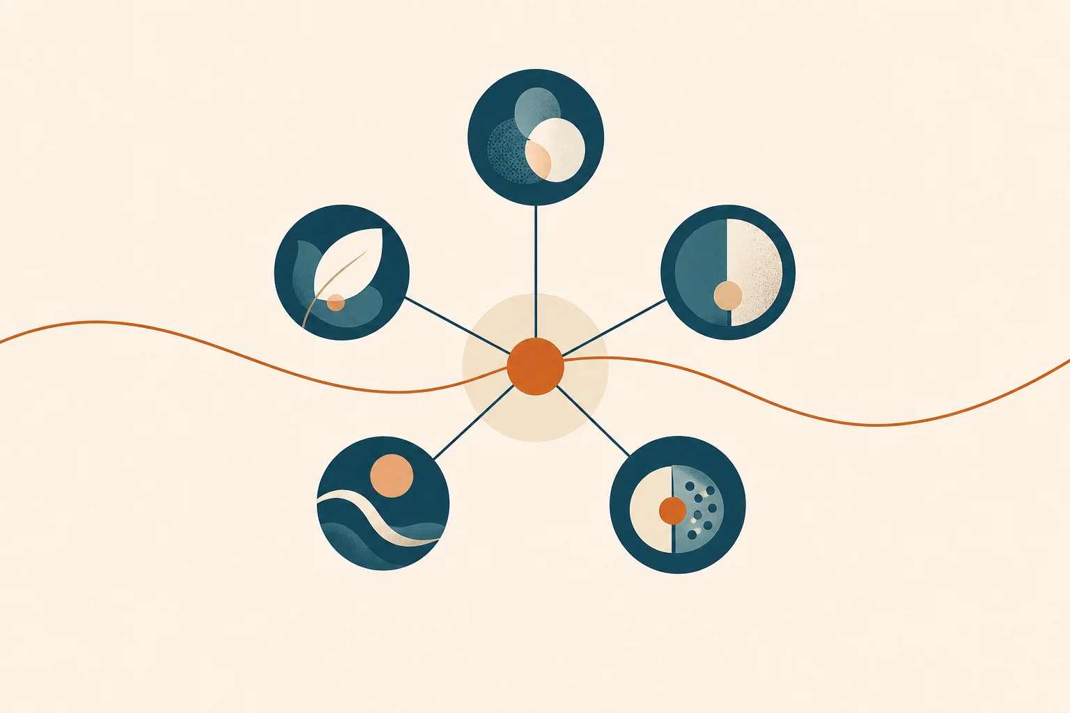 A teal cluster of five linked nodes with one orange thread through the centre, illustrating insulin resistance as the common root of metabolic syndrome.