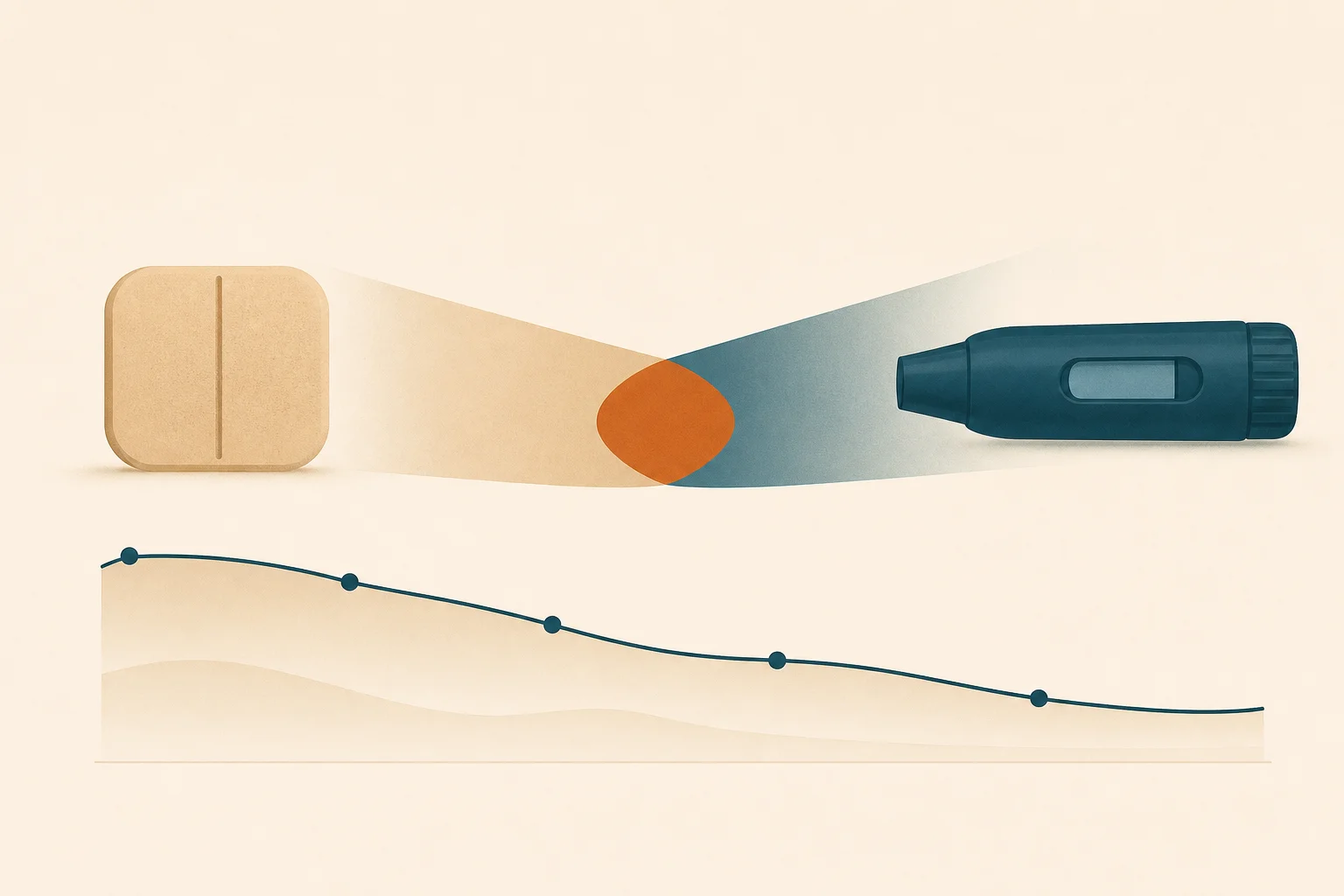 A small warm-sand tablet shape and a deep-teal injector-pen shape converging from opposite sides into a single overlapping orange zone at the centre, suggesting two complementary mechanisms combining their effect, over a gently descending glucose curve