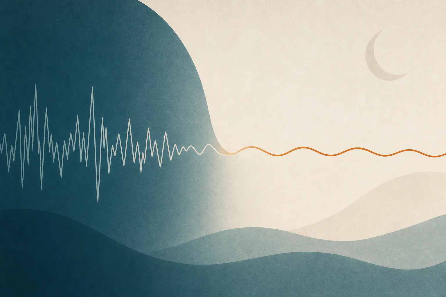 A jagged teal breathing waveform smoothing to orange under a faint crescent moon, illustrating sleep apnoea improvement on GLP-1 drugs.