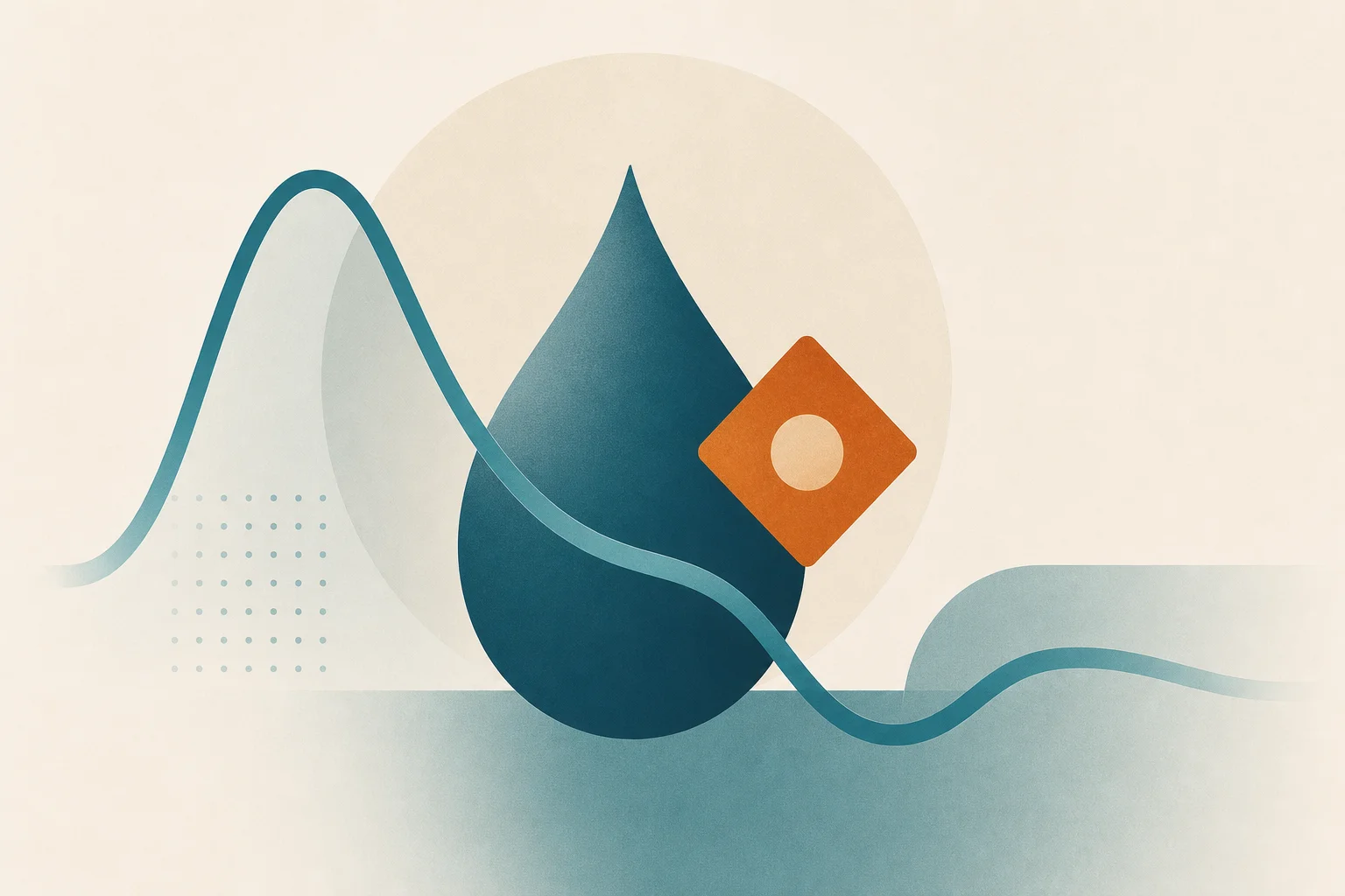 A teal insulin-drop and glucose curve with an orange caution diamond, illustrating off-label GLP-1 use in type 1 diabetes.