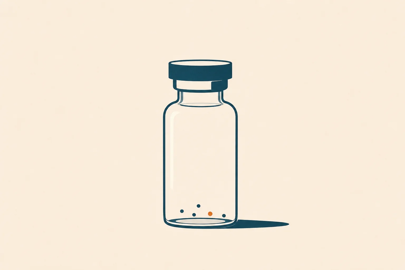 A tall, nearly empty medication vial outline in deep teal holding only a few sparse droplet dots near the bottom, one droplet a warm-orange accent, against an expanse of warm-sand negative space.