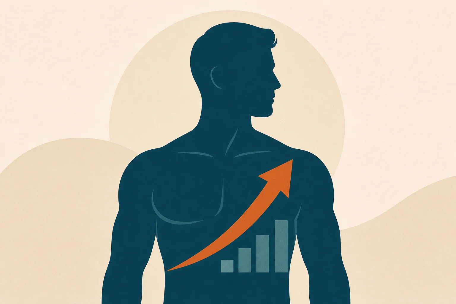 An abstract teal male torso silhouette with a rising arrow shape across the chest and a small upward bar motif suggesting restored hormone levels, on a warm-sand background with a warm-orange accent.