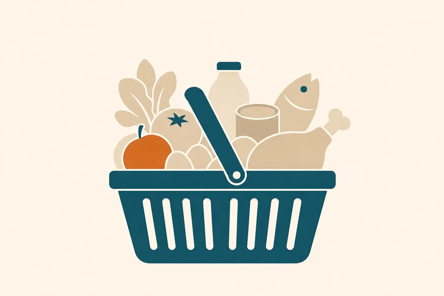 A simple teal shopping-basket silhouette holding abstract rounded produce and protein shapes in warm-sand and warm-orange, set against a warm-sand background with generous negative space.