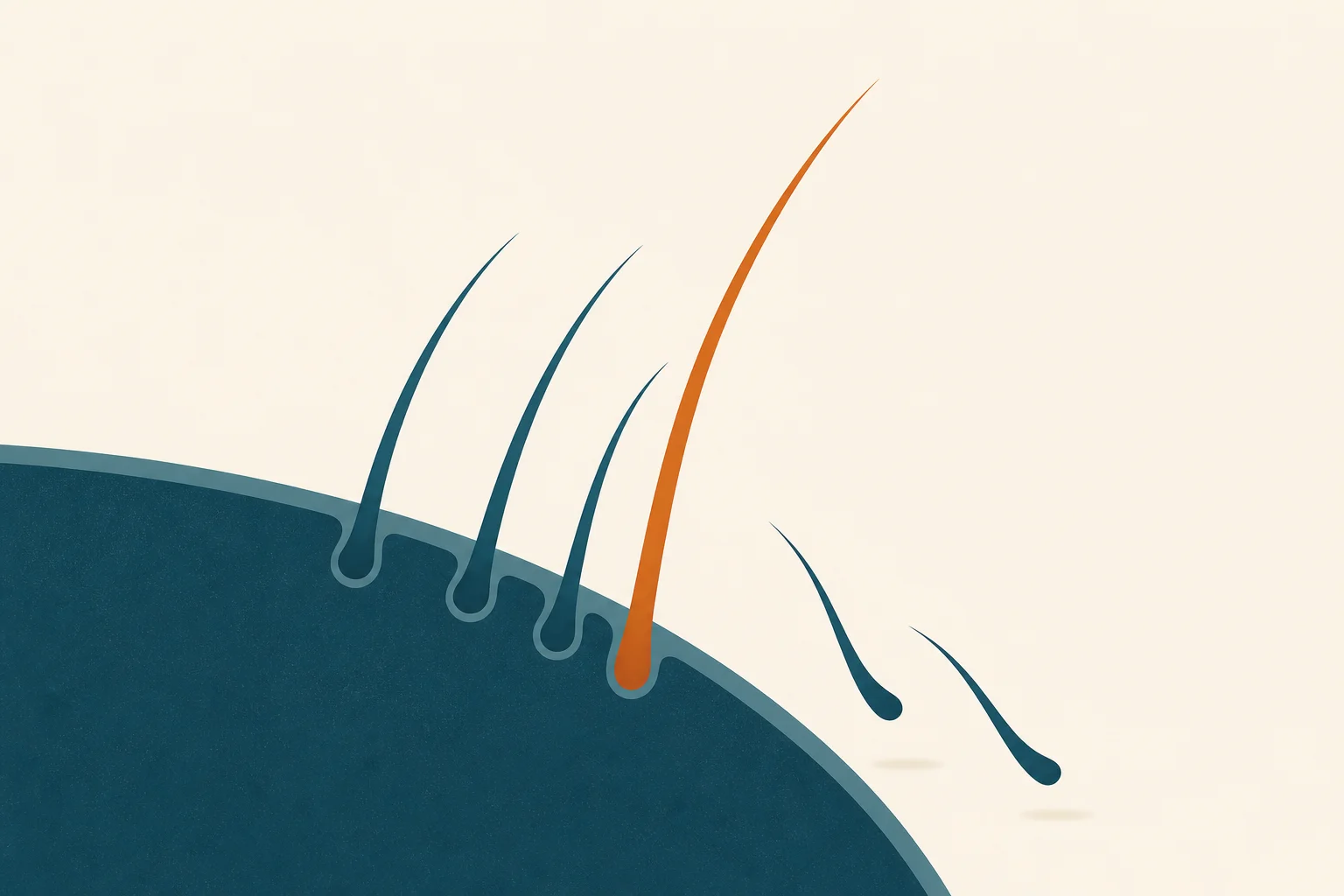 Teal hair strands shedding with one orange regrowing strand, illustrating temporary hair loss on GLP-1 drugs.