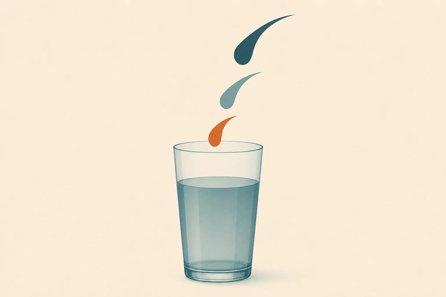 A tall translucent teal water-glass silhouette with three abstract droplet shapes arcing into it from above, on a warm-sand background with generous negative space.