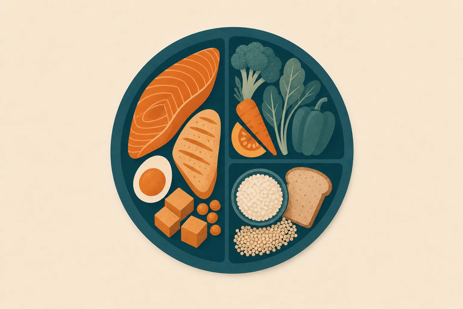 A teal circular plate silhouette divided into abstract food-group sections — a large protein wedge, smaller vegetable and grain wedges — in warm-sand and warm-orange tones on a warm-sand background.