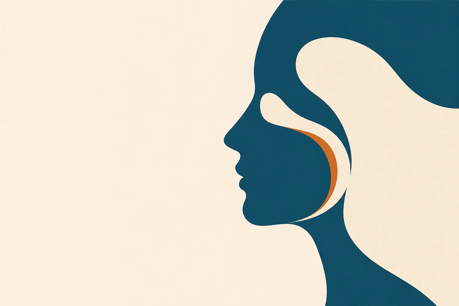 An abstract teal profile silhouette of a face with softly hollowed cheek and temple contours suggested by curved warm-sand negative space, on a warm-sand background with a warm-orange accent.
