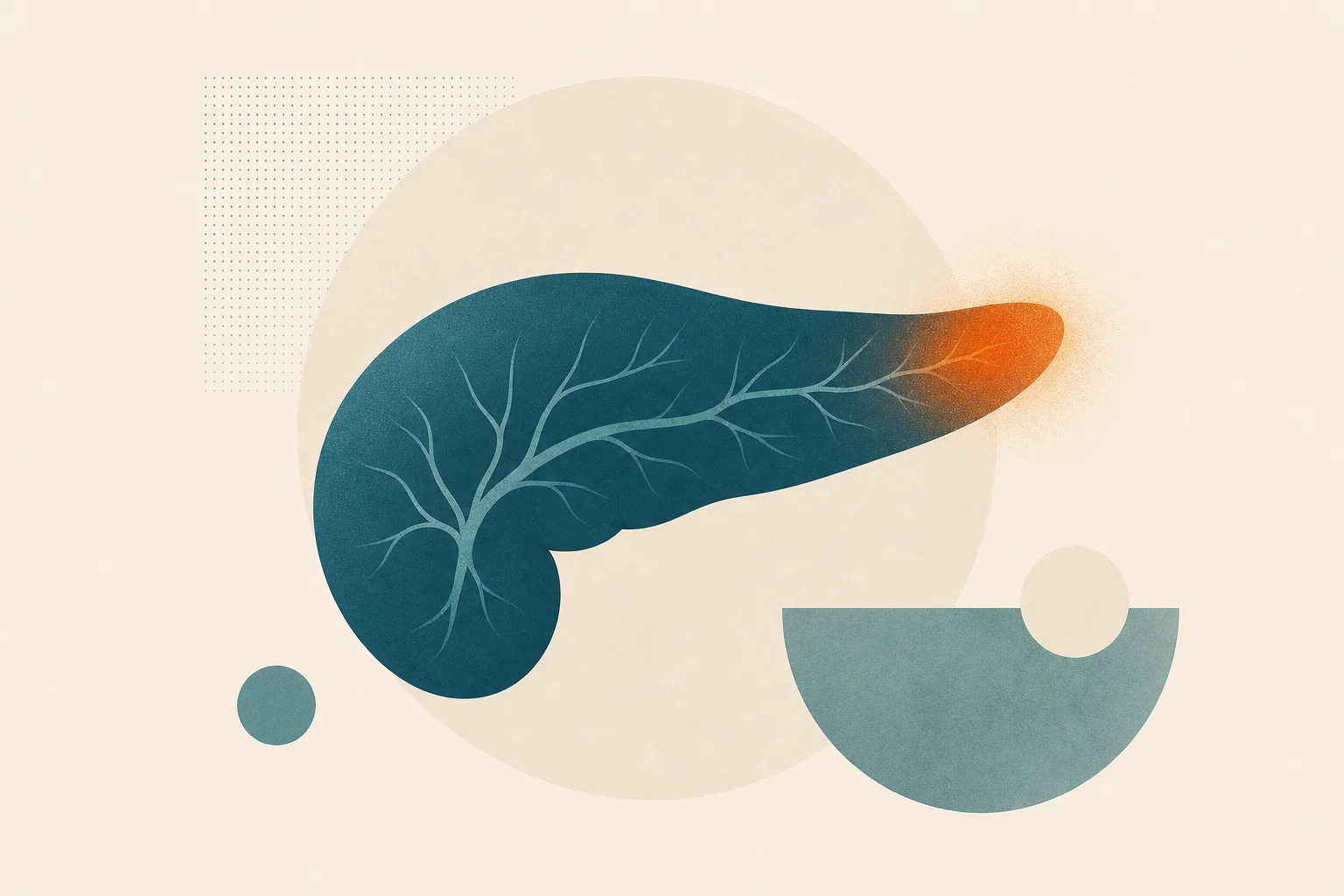 A teal pancreas glyph with a small orange flare, illustrating pancreatitis risk on GLP-1 drugs.