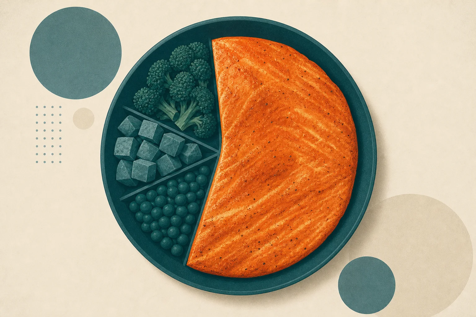 A teal plate dominated by a large orange protein wedge, illustrating high protein targets on GLP-1 drugs.