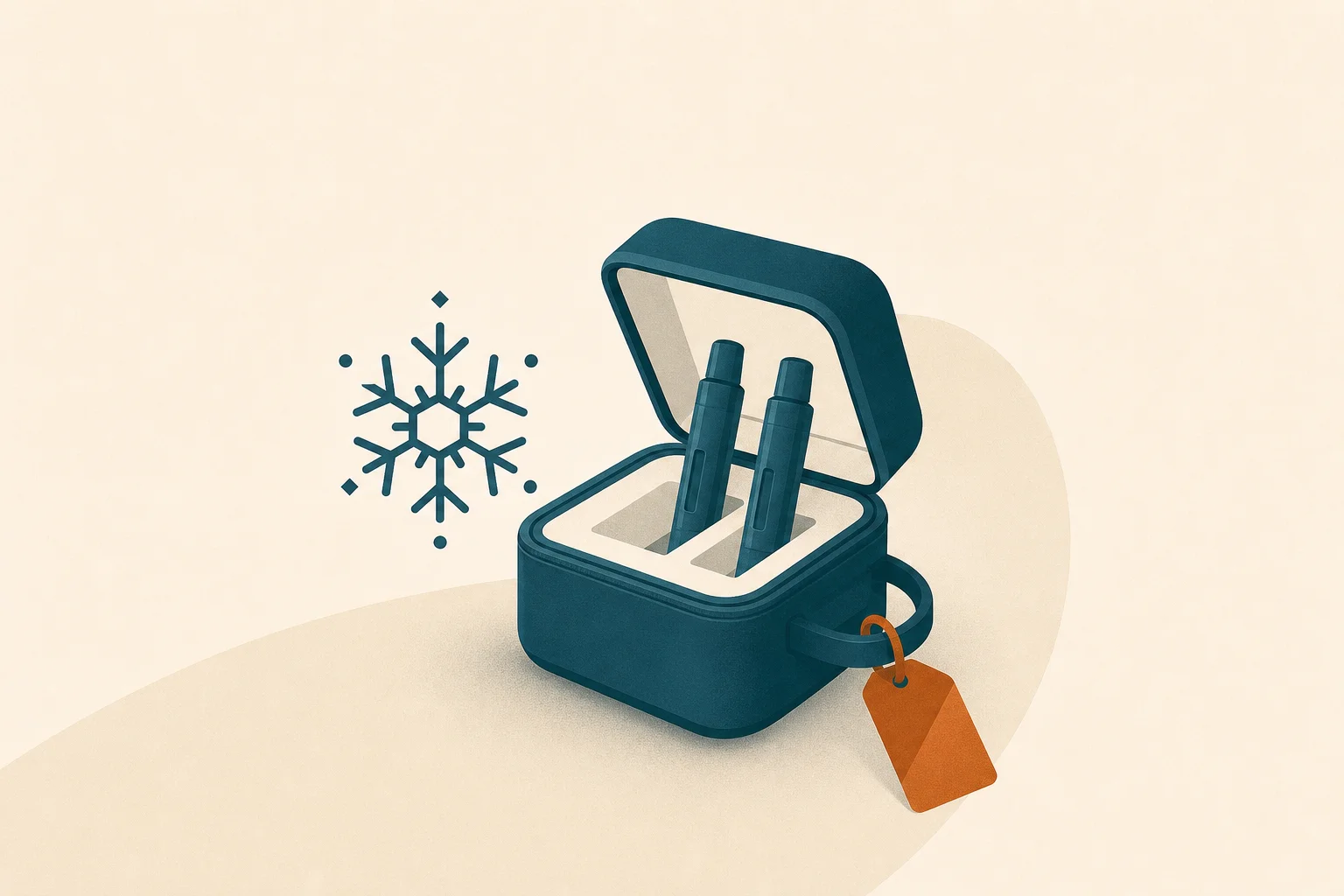 A small teal insulated travel-case silhouette holding two abstract pen shapes, with a cool snowflake motif and a warm-orange luggage-tag accent, on a warm-sand background.
