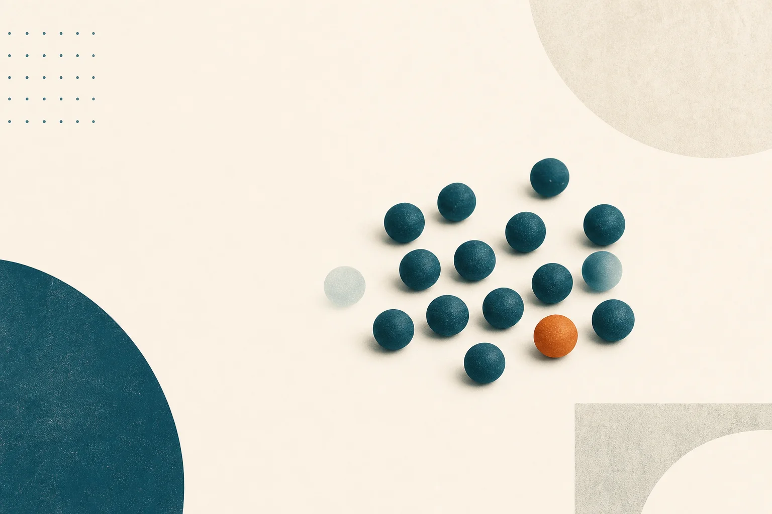 A teal cluster of micronutrient pellets with two dimmed and one orange, illustrating nutritional deficiencies on GLP-1 drugs.