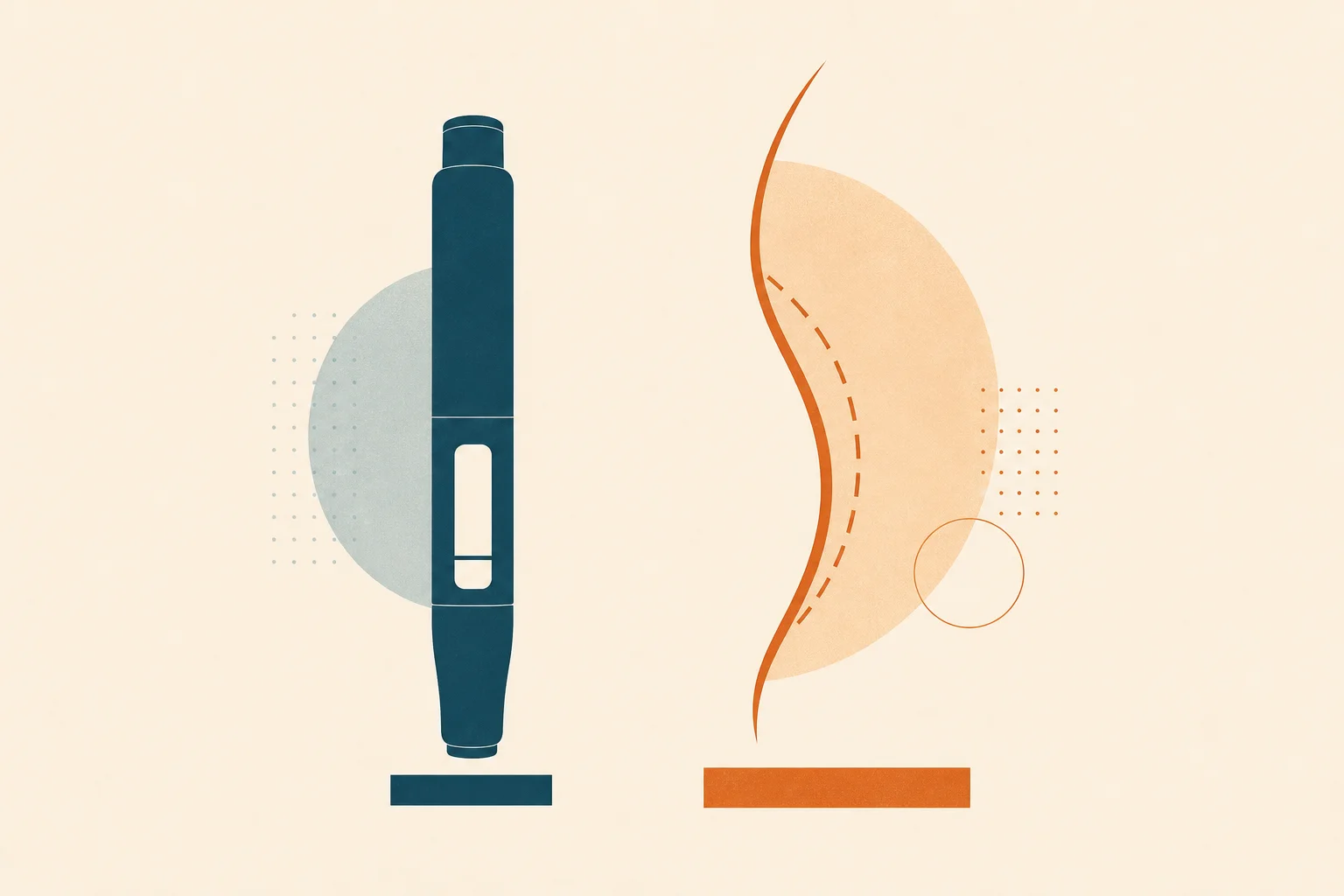Two contrasting abstract forms separated by a vertical channel of negative space, a deep-teal injector-pen silhouette beside a warm-orange curved incision-arc suggesting surgery, each above a bar with the surgical bar marginally taller, over a warm-sand background