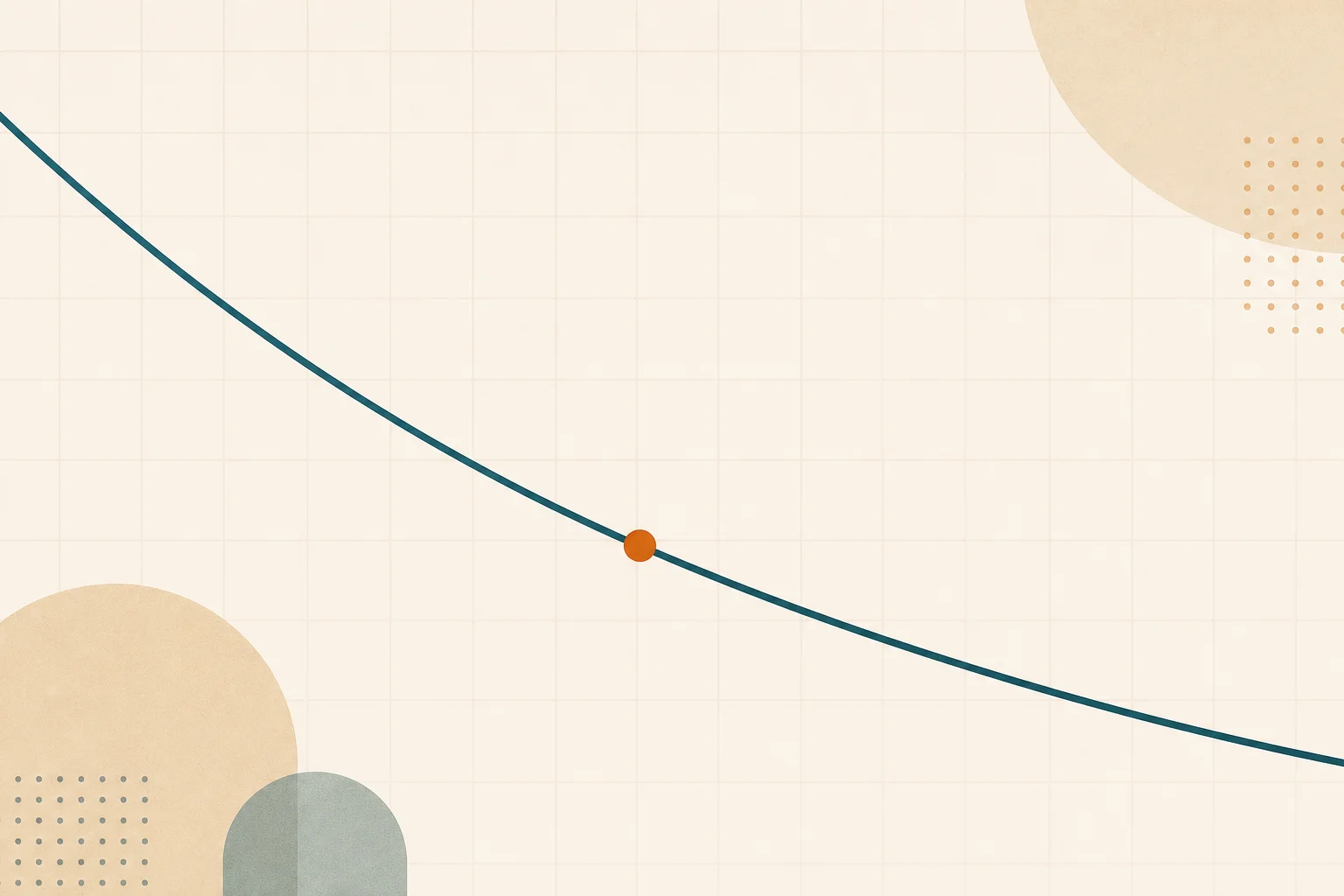 A gently descending teal curve sweeping across a soft sand-toned grid with no axis numbers, a single warm-orange marker dot on the line, on a warm-sand background.