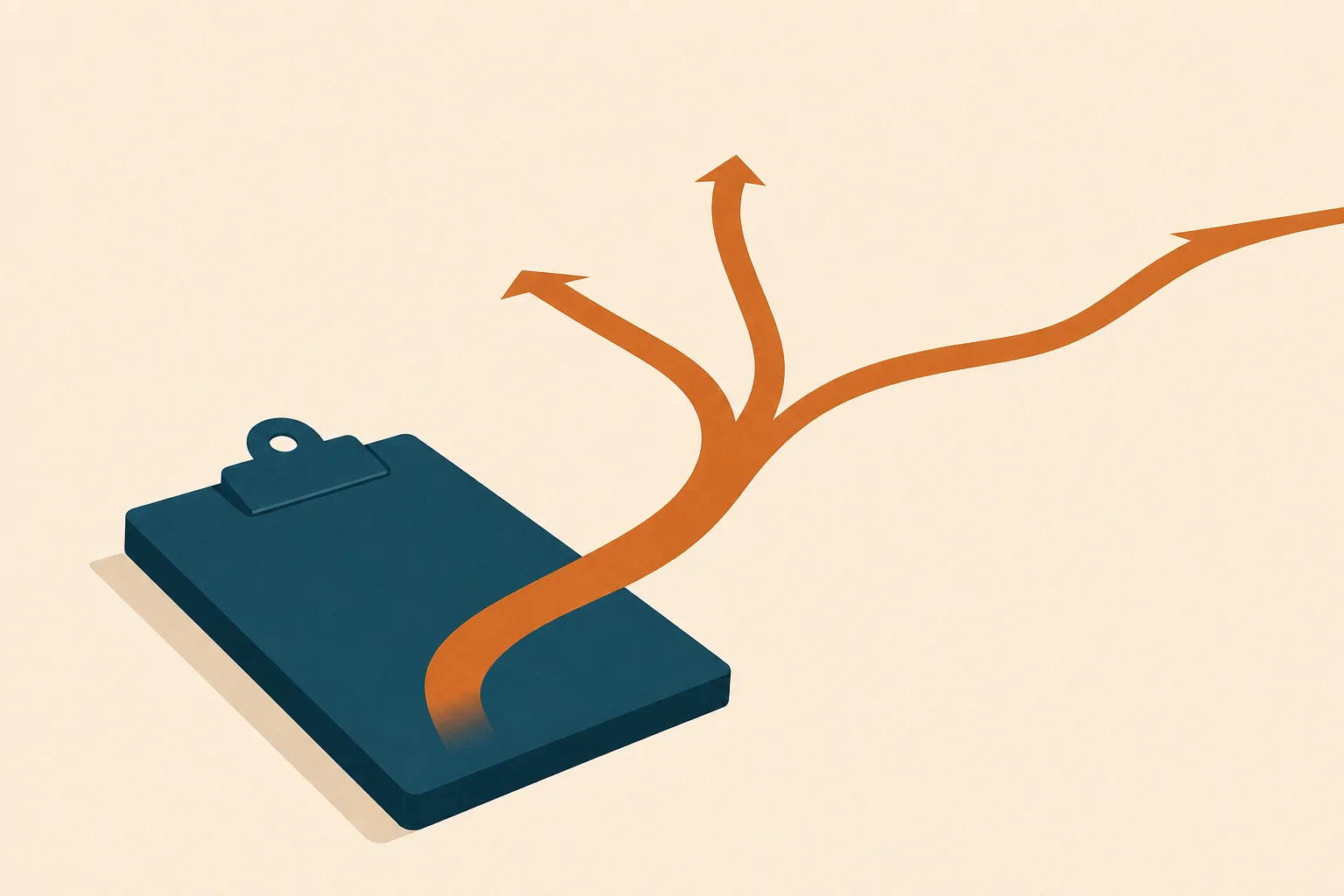 A clean prescription-pad silhouette in deep teal with a curving warm-orange arrow rising from it and branching into three diverging paths, on a warm-sand background with generous negative space.
