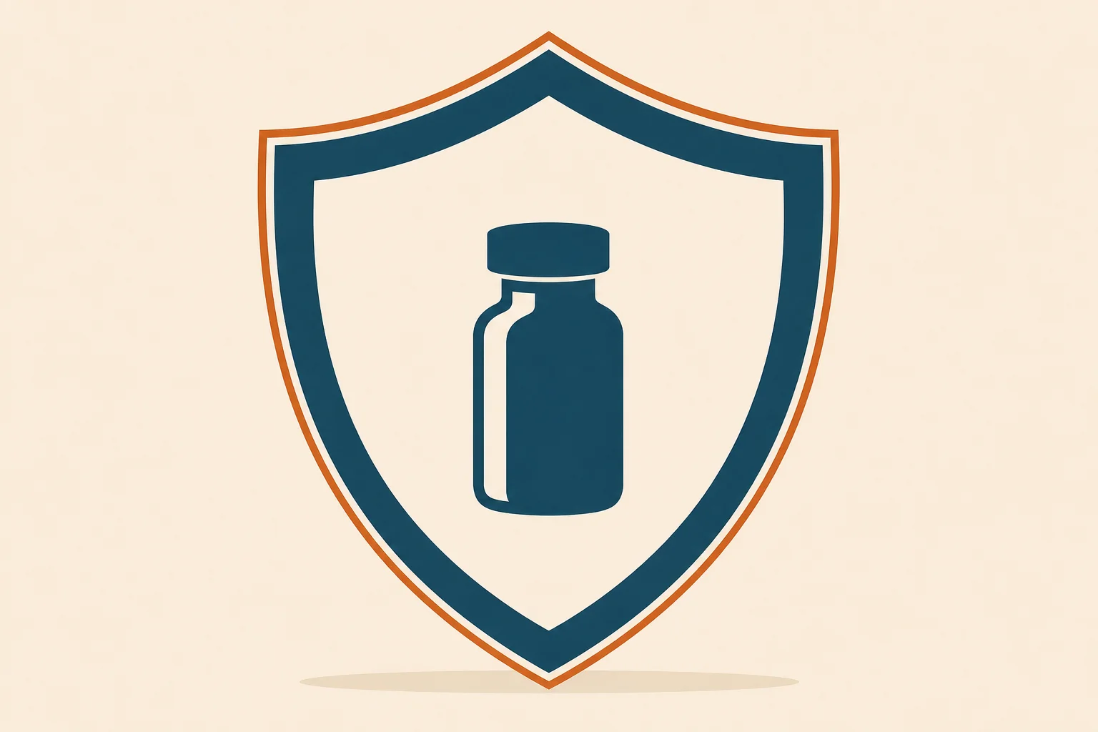A broad protective shield shape in deep teal arching over a single medication vial silhouette, a warm-orange accent tracing the shield's edge, set on a warm-sand background with open negative space.