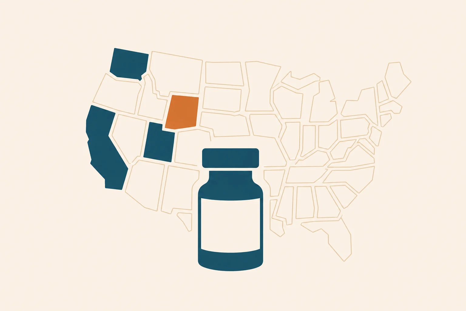 A grid of irregular tile shapes forming a partial protective shield over a medication vial silhouette, only a small cluster of tiles filled in deep teal with one warm-orange tile, the rest left as warm-sand outlines, suggesting patchy state-by-state coverage.