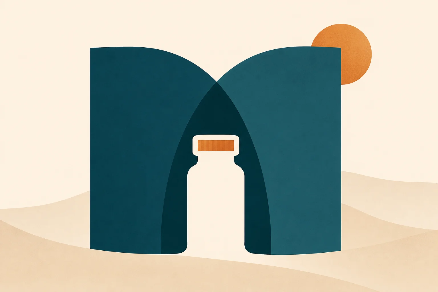 An arching bridge silhouette in deep teal spanning over a single medication vial outline, the far end of the arch stopping abruptly at a warm-orange edge above open warm-sand space, suggesting a temporary span with a hard endpoint.