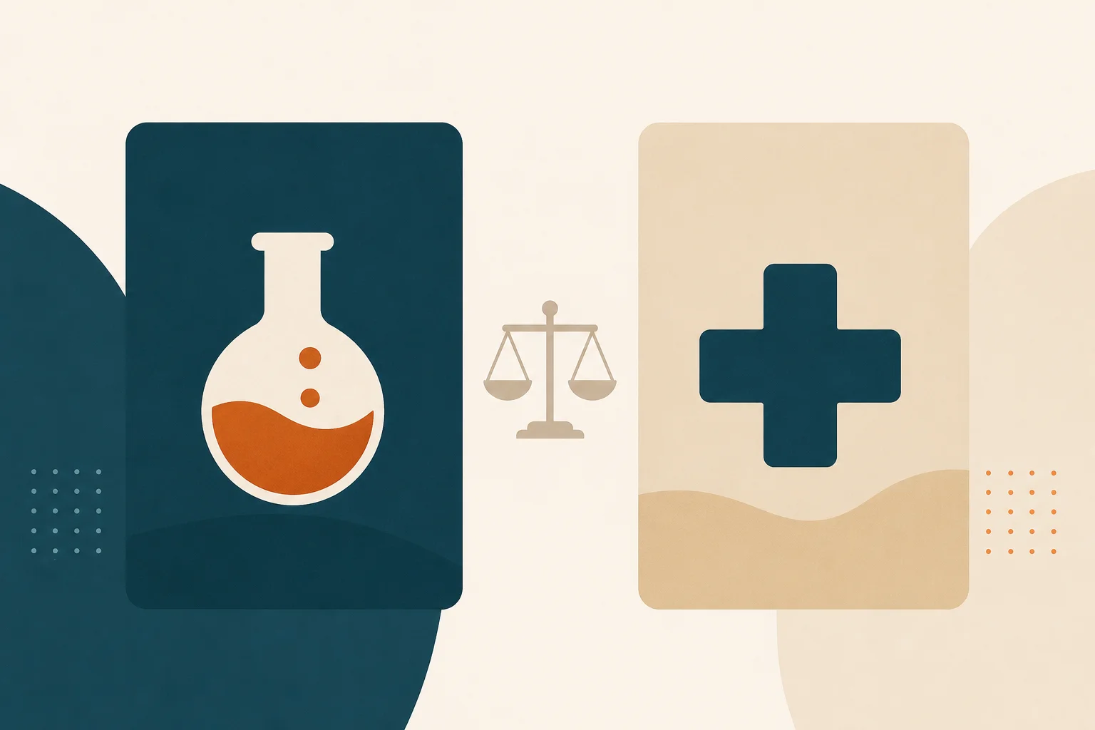 Two telehealth platform card silhouettes side by side separated by a thin vertical versus divider; the left card bears a small compounding-vial glyph in teal, the right card bears a small insurance-shield glyph in warm-orange, on a warm-sand background.