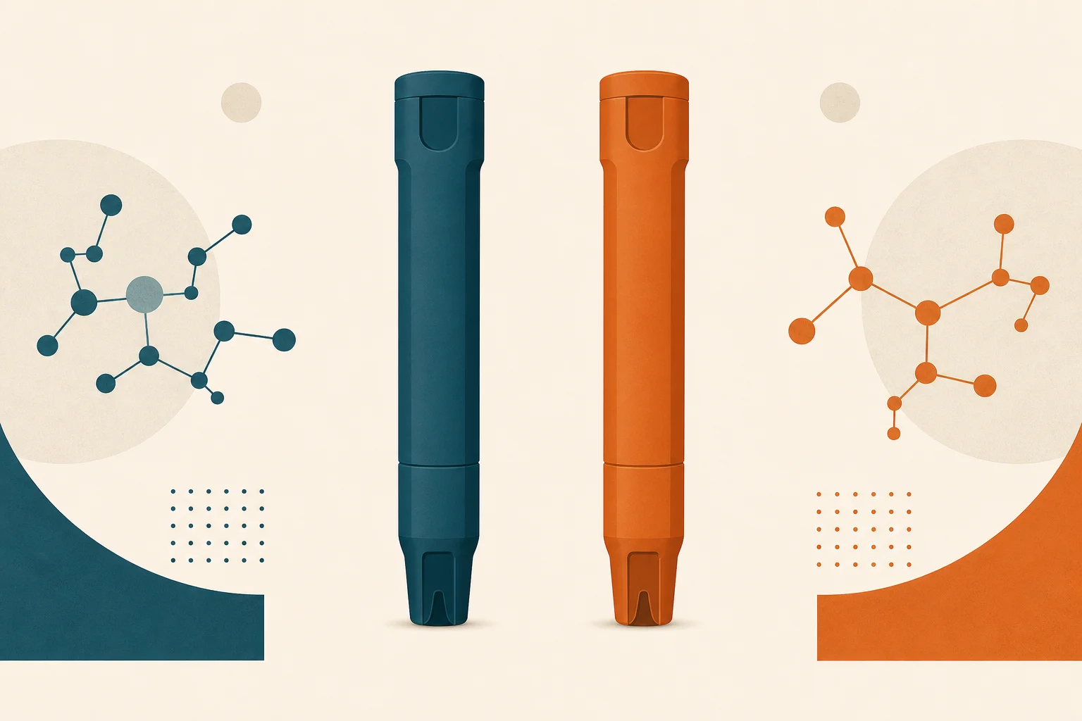 Two identical injector-pen silhouettes of exactly the same shape and height, one deep teal and one warm orange, mirrored across a central line of negative space to signal one molecule under two labels