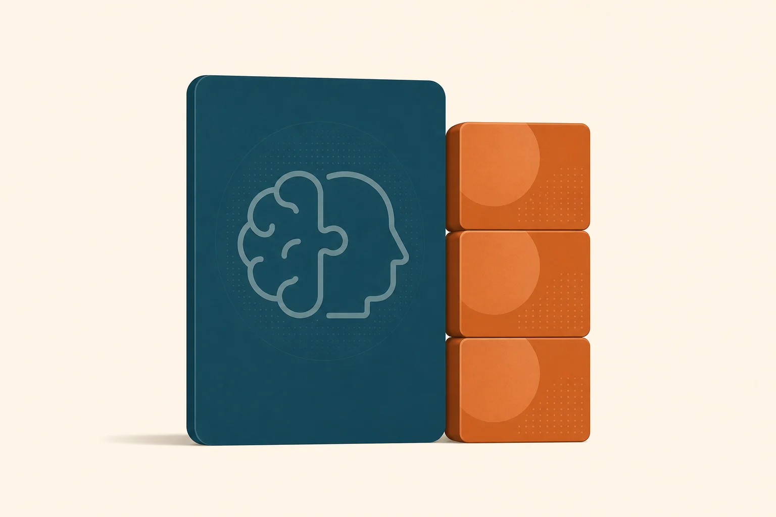 A single telehealth platform card silhouette in teal overlaid with a small interlocking brain-and-mind cognitive glyph, sitting beside a stacked block of three warm-orange tiles suggesting a hidden quarterly billing bundle, on a warm-sand background.