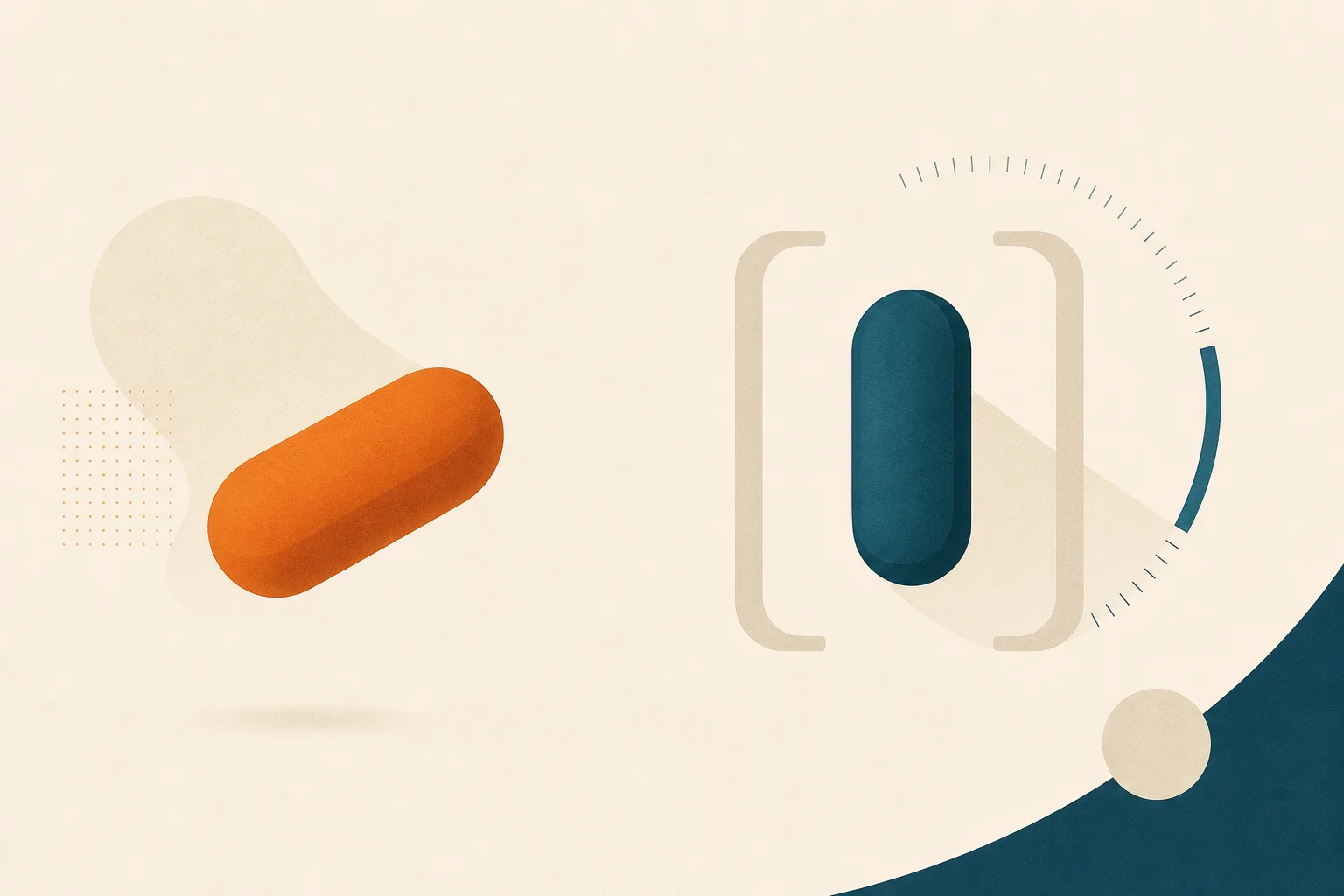 An abstract round warm-orange pill shape floating freely beside a deep-teal pill enclosed within a tight bracket of negative space and a small clock-arc, contrasting unrestricted dosing with a constrained empty-stomach window