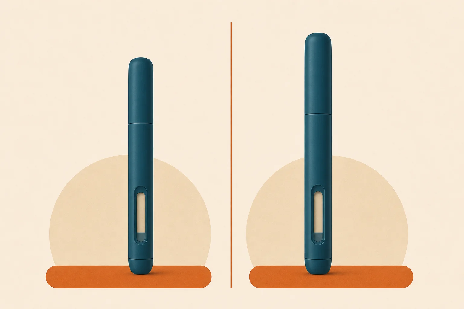 Two identical teal rounded silhouettes of slightly different heights mirrored across a central warm-orange dividing line, on a warm sand background