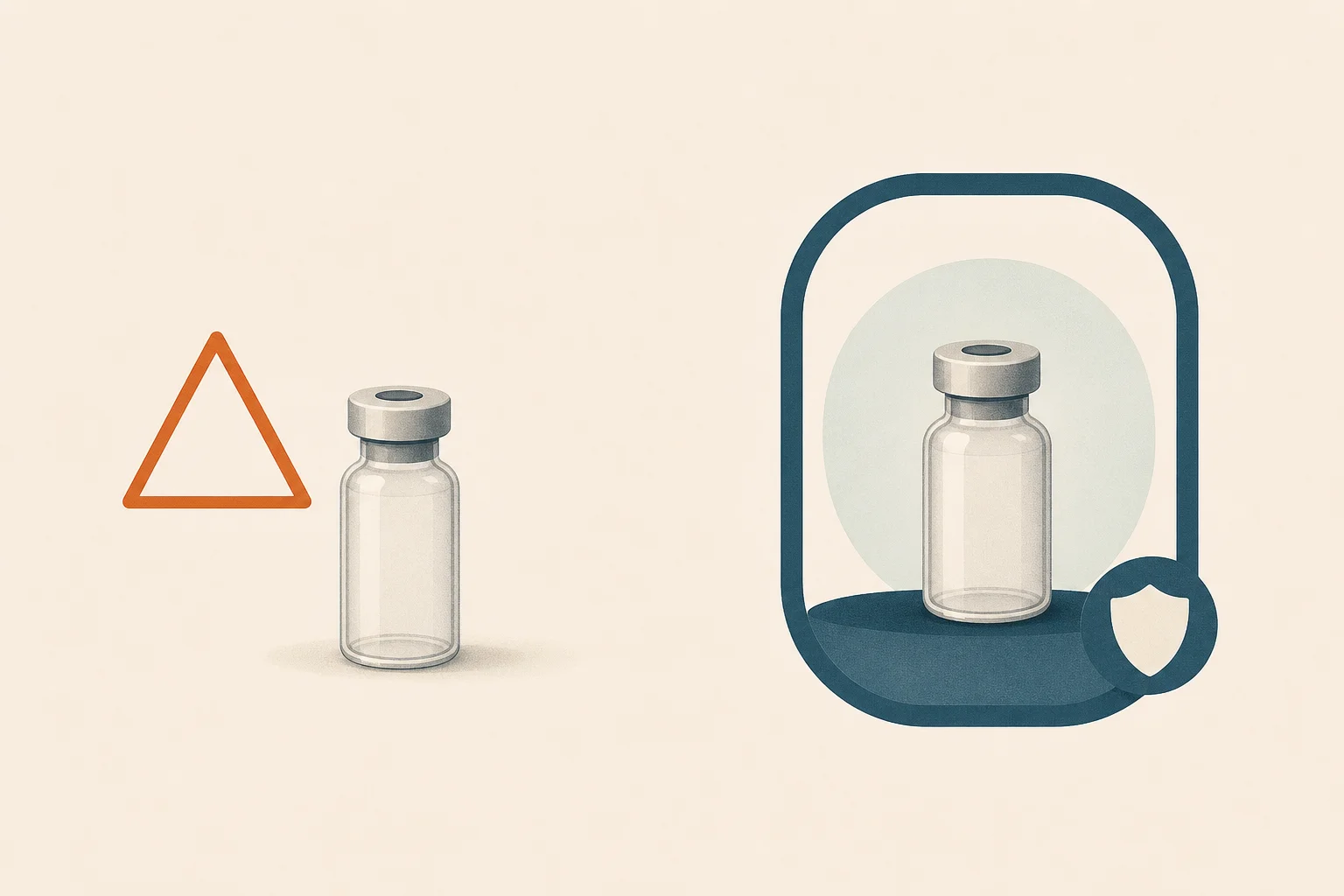 An unlabeled amber vial sealed inside a transparent caution-bordered box marked only with an abstract warning glyph, set apart by negative space from a smaller framed and certified vial, signifying that a research-only product sits outside the protections of a regulated medicine.