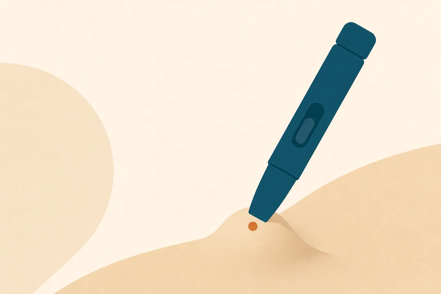A clean teal injector-pen silhouette angled toward a softly raised warm-sand skin fold, with a single small warm-orange dot marking the injection point