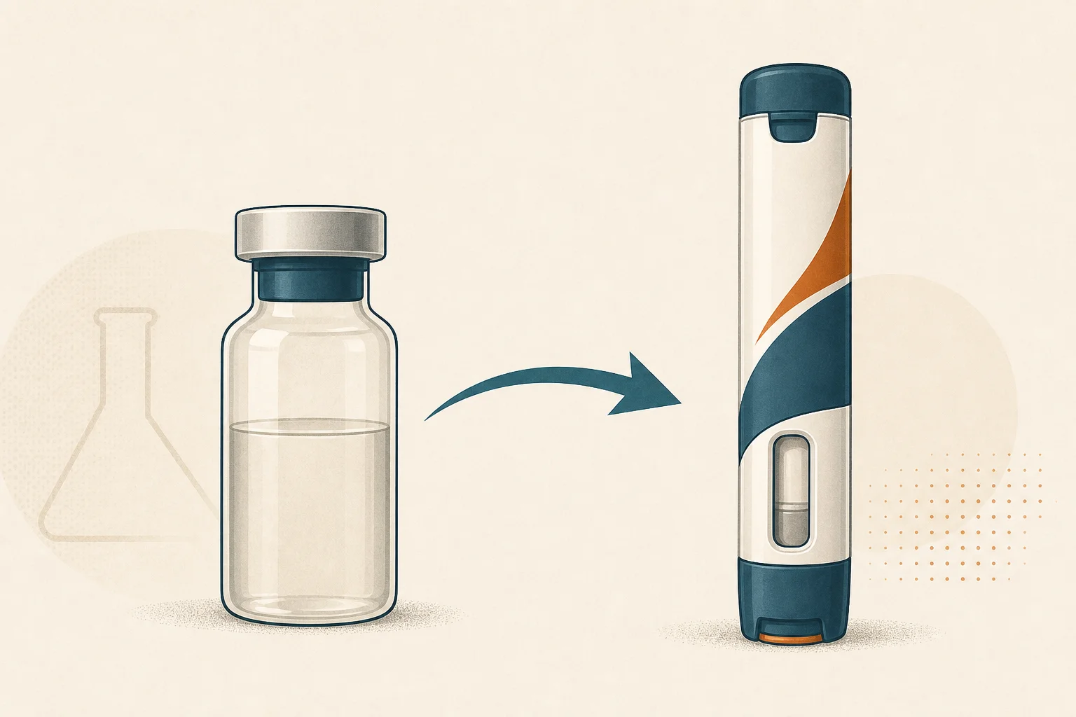 Branded Wegovy autoinjector pen next to an empty compounded semaglutide vial on a white countertop