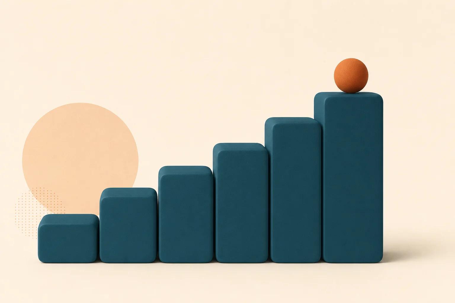 A staircase of five ascending teal rounded blocks, each taller than the last, with a small warm-orange dot resting on the top step, on a warm sand background