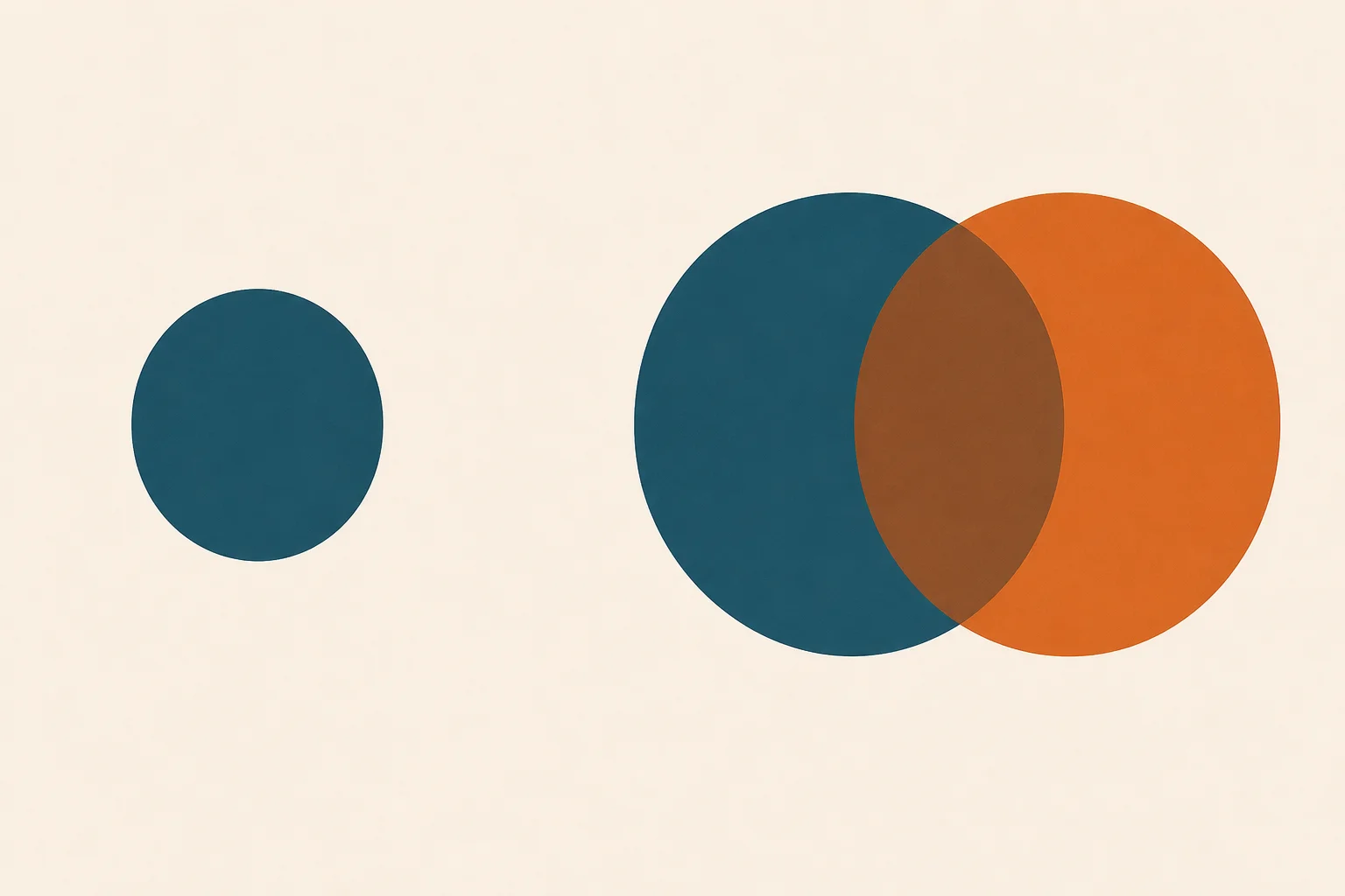 A single teal circle on the left and a larger overlapping teal-and-orange double circle on the right, set against a warm sand background