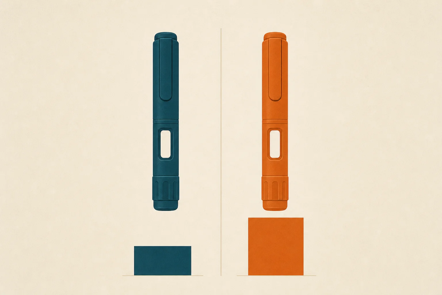 Two pens at different heights, teal and sand-orange, illustrating a Wegovy vs Zepbound comparison.