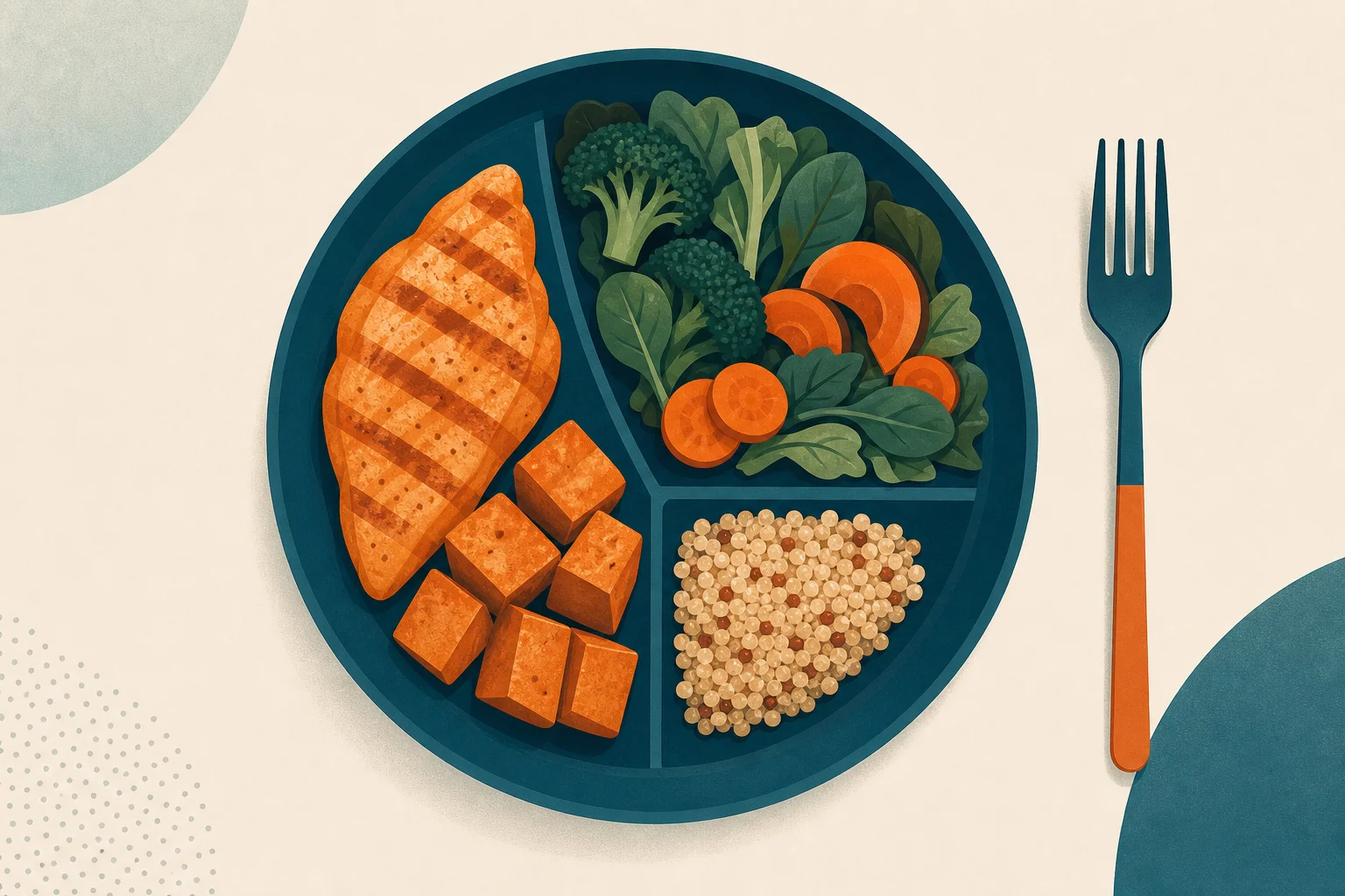 A balanced teal plate with an orange protein section and a fork, illustrating what to eat on GLP-1 drugs.