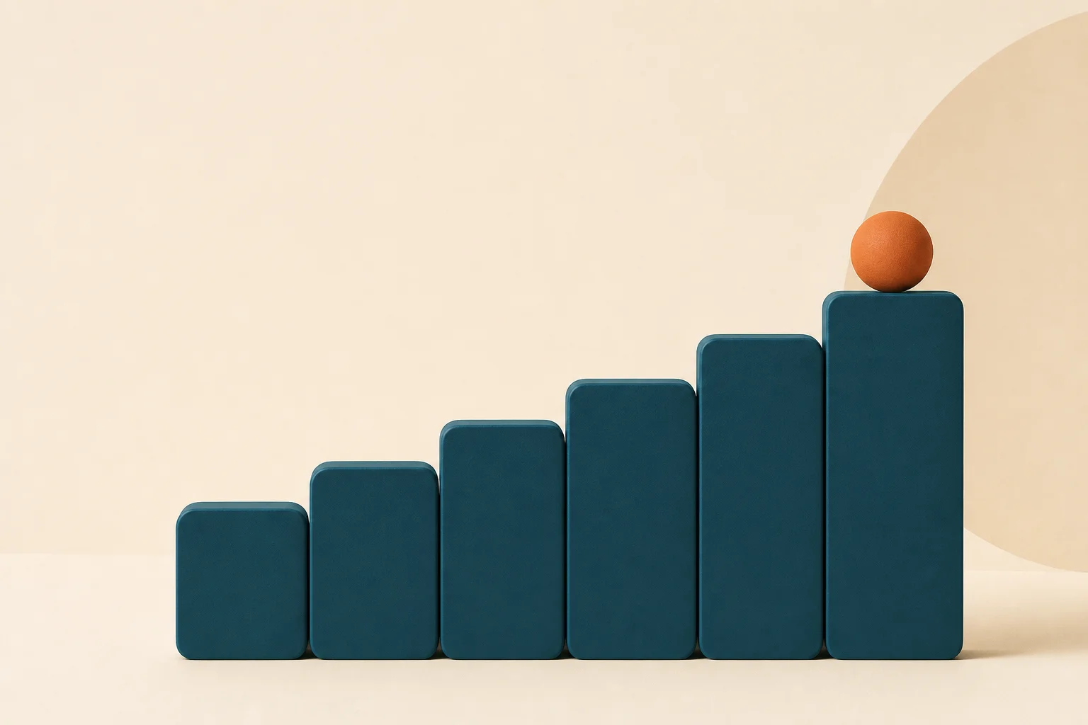 A staircase of six ascending teal rounded blocks, each taller than the last, with a small warm-orange dot resting on the top step, on a warm sand background